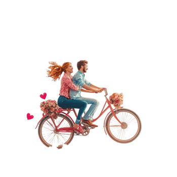 Couple Riding on a Bicycle with Flowers On Transparent Background png