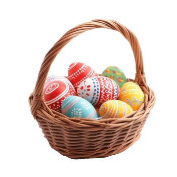 Easter eggs in a bamboo basket isolated on transparent background png