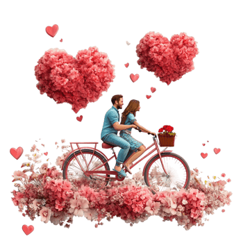 3D Illustration of a Couple Riding a Bicycle with Hearts on Transparent Background png