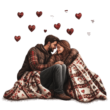 Couple Sitting on Blanket with Hearts Around Them png