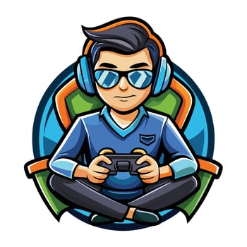 a man in glasses sitting on a chair with a controller vector