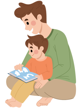 Illustration of a father reading a story book to his son png