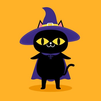 Cute black cat and Pumpkin head in Halloween day. Happy Halloween greeting card with cute black cat and spooky pumpkin. Animal holidays cartoon character. vector