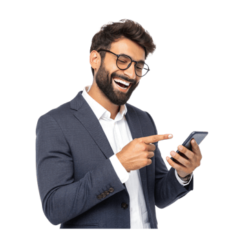 Businessman Smiling Confidently with a Phone in Hand png