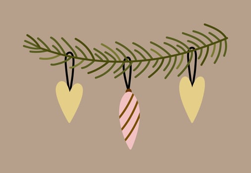 A fir branch with Christmas festive baubles on a brown background. Suitable for season and holiday designs. hand-drawn illustration in flat style. vector