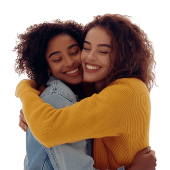 two women hugging each other on a transparent background png