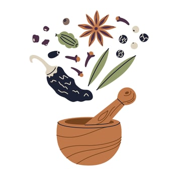 illustration of wooden mortar and pestle with spices like pepper, bay, cardamom, anise, and clove. Flat cartoon style for seasoning, doodle composition kitchen, and cooking themes vector