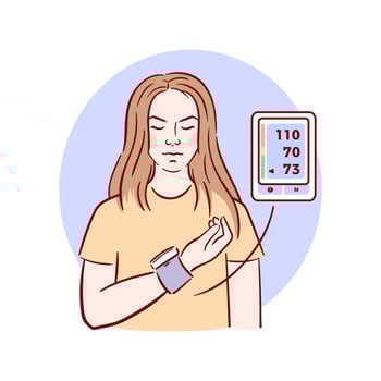 A young woman measures her blood pressure with a tonometer on her wrist. illustration in sketchy style. vector