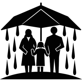 Silhouetted Family in Rain Under Shelter vector