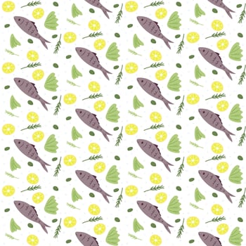 Fish with lettuce leaves, lemon slices and olives. Hand drawn flat food seamless pattern, traditional Greek cuisine. vector