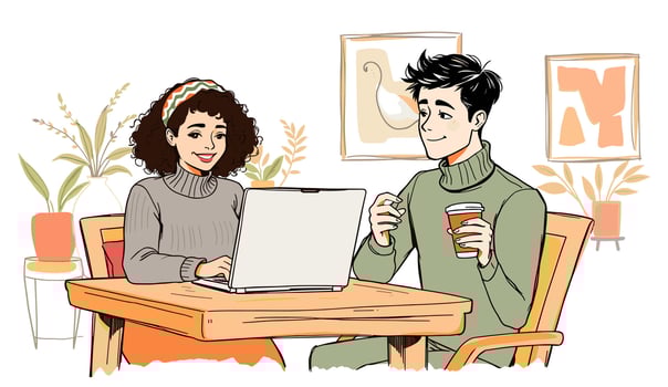A man and woman sitting at a table with a laptop vector