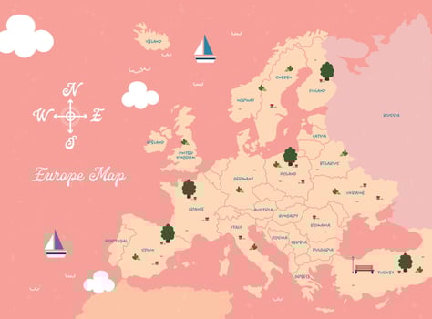 Attractive Europe travel map illustration, all provinces and highlighting the capital city. A detailed print of Europe, suitable for educational or decorative purposes. vector