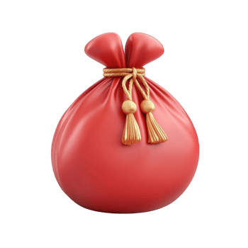3d icon Chinese New Year Golden tasseled red fortune money bag gleaming with ornate details, symbolizing financial abundance against transparent background png
