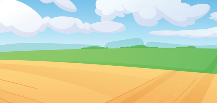Bright colorful illustration, summer countryside landscape with green hills, golden fields, clear blue sky with clouds. Ideal for backgrounds, web design, posters, children books vector