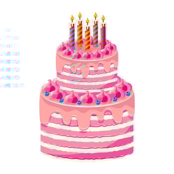 Colorful Birthday Cake with Candles. Two tiered pink birthday cake with striped frosting, decorative swirls, blueberries, and lit candles. Celebration and party design concept. vector