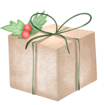 Watercolor christmas present , brown gift box and green bow png