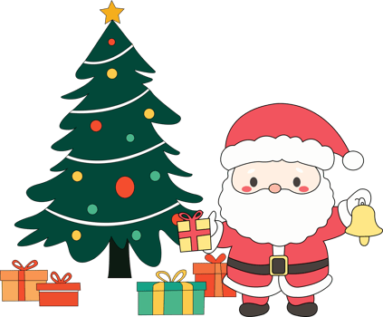 Illustration of Santa claus with gifts and christmas tree png