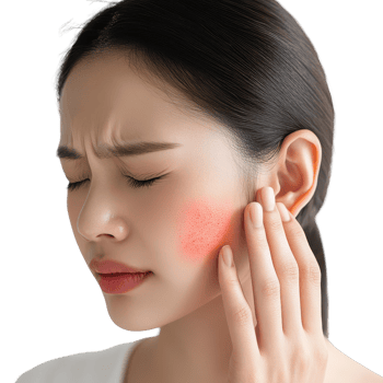 A woman with a pained expression touches her cheek, showing signs of redness, possibly indicating skin irritation or a dermatological issue. png