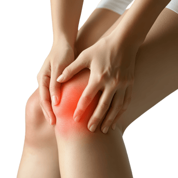 A person holding their knee in discomfort, indicating pain, with a focus on the affected area highlighted in red. png
