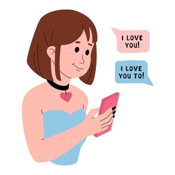 Girl sends the message I love you. Declaration of love by phone. Teenage modern relationships. Happy Valentine's Day Greetings. February 14 celebration card. flat illustration. vector