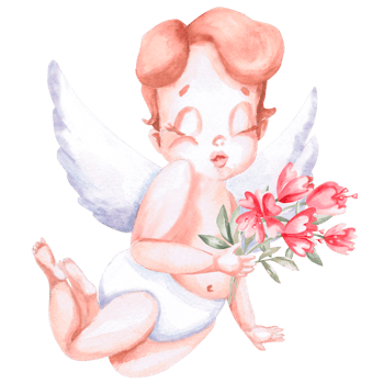 Flying angel with a bouquet of flowers. Isolated watercolor illustration for Valentine's Day gift design, poster printing, clothing, fabric, children's room decoration. png