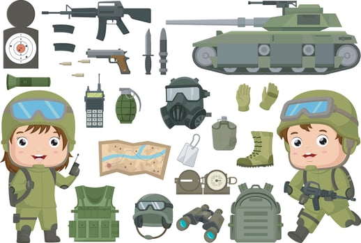 Cute soldier kid cartoon with soldier equipment vector