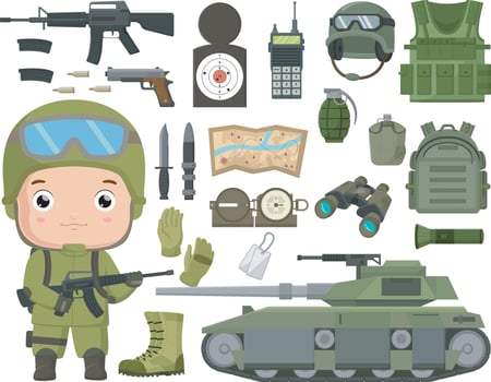 Cute soldier boy cartoon with soldier equipment vector