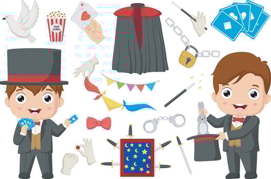 Cute magician kid with magic elements cartoon collection vector