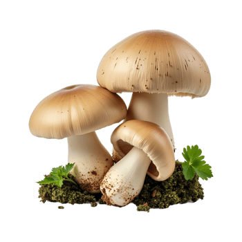 A detailed close-up of three mushroom against a transparent background. png