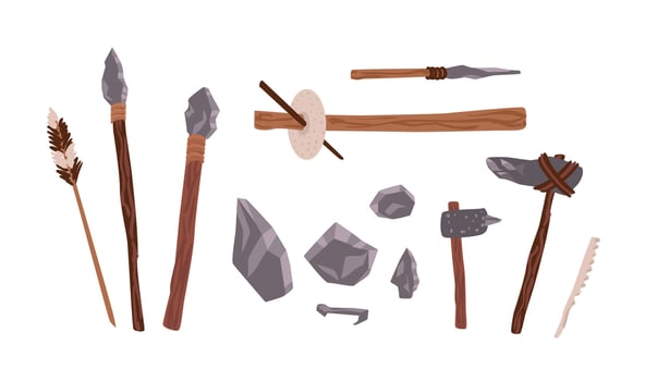 Collection of prehistoric stone tools. Bundle of rock weapons and equipment used by archaic human or caveman for hunting, fire lighting, manual work. Flat cartoon colorful illustration vector