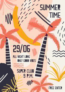 Bright colored invitation or poster template decorated with jungle plants, exotic palm trees, paint stains and scribble for summer outdoor dance party. illustration for event announcement vector
