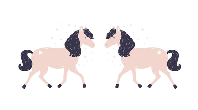 Cute charming little pink horse and its symmetrical reflection. Adorable magical pony with mane. Funny cartoon domestic animal isolated on white background. Flat colorful illustration vector