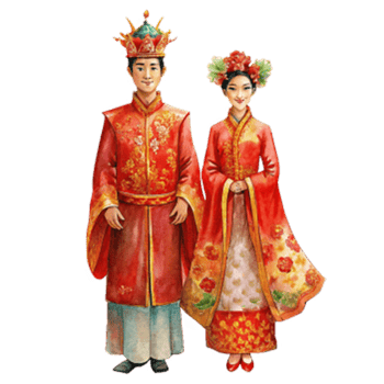 Chinese New Year a chinese bride and groom in matching red and gold png