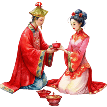 Chinese New Year a couple in red traditional wedding attire kneelin png