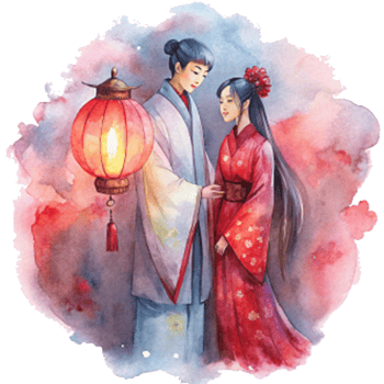 Chinese New Year a couple standing close under a glowing red lanter png