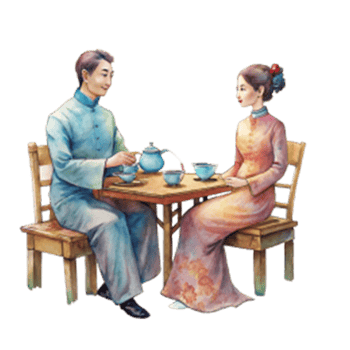 Chinese New Year a serene couple sitting at a low wooden table png