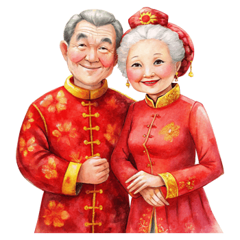 Chinese New Year an elderly couple dressed in traditional red china dress png