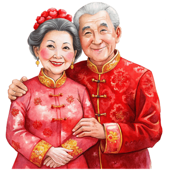 Chinese New Year an elderly couple dressed in traditional Red Chinese Dress png