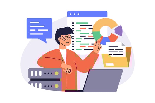 System administrator web concept with flat cartoon people for website design. Man does maintenance to server infrastructure, fixing program code, saving files at data center. illustration. vector