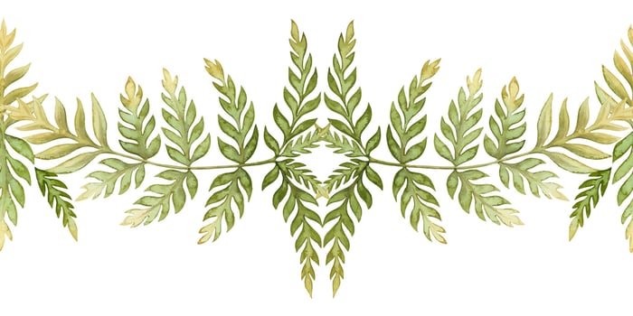 Fern leaves elegant seamless border in the earth green tone. Hand drawn watercolor botanical element with textured foliage. Perfect for the use of ecological material and sustainable designs. vector