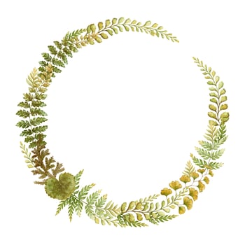 Round wreath with fern leaves botanical card template in earth tone. Hand drawn watercolor elegant floral frame. Perfect for the use of ecological material and sustainable designs. vector