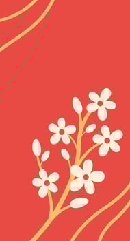 Red vertical background with beautiful tree branch with flowers and golden stripes. Template for Chinese New Year and other holidays. vector