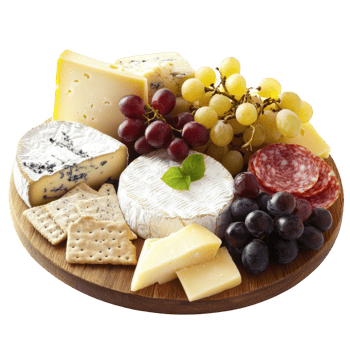 Cheese platter with grapes, cheese, crackers and crackers png
