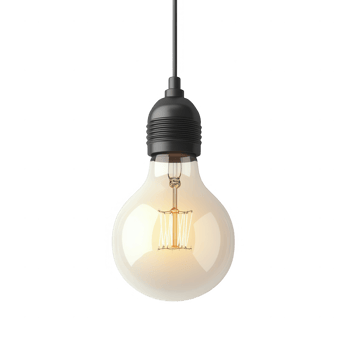 A modern minimalist hanging light bulb with a glowing exposed filament on a transparent background. png