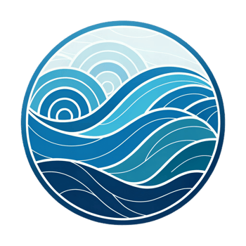 modern circular logo symbol featuring abstract blue waves, showcasing various shades of blue and intricate wave patterns. This design evokes sense of calm and tranquility png
