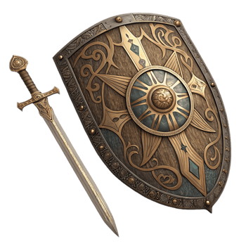 detailed shield and sword set featuring intricate designs and sun motif. shield has wooden texture with metallic accents, while sword complements shield style png