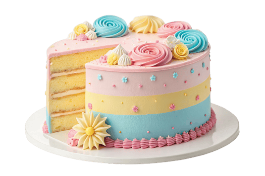 colorful 3D layered cake with bright pastel colors, featuring decorative flowers and swirls. Perfect for celebrations and special occasions png