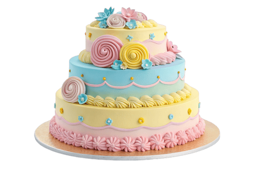 three tiered layered cake with bright pastel colors, decorated with swirls and flowers, perfect for celebrations and special occasions png