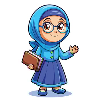 muslim girl in blue hijab and glasses holding a book vector