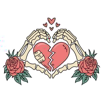 Skeleton Hands Holding Broken Heart with Roses Illustration vector
